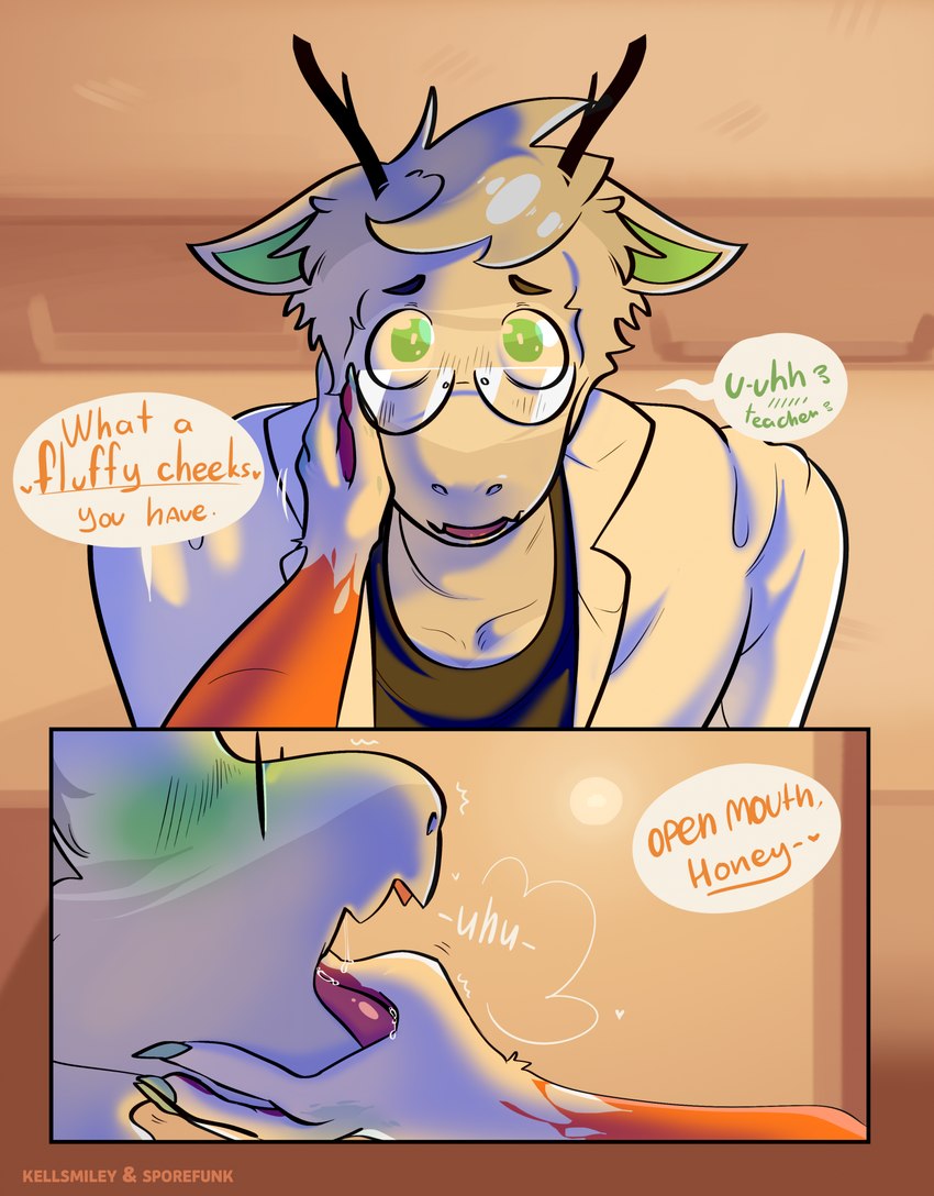 anthro clothing coat comic_panel dialogue duo female lab_coat male male/female mouth_shot open_mouth oral_fixation tongue tongue_out topwear kellsmiley seth_(odiseth) deer mammal sergal comic hi_res