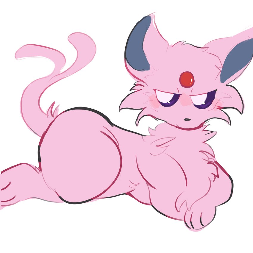 blush female feral forked_tail fur lying pink_body pink_fur quadruped raised_hips simple_background solo tail unusual_anatomy unusual_tail white_background squishygator nintendo pokemon eeveelution espeon generation_2_pokemon pokemon_(species) 1:1 hi_res