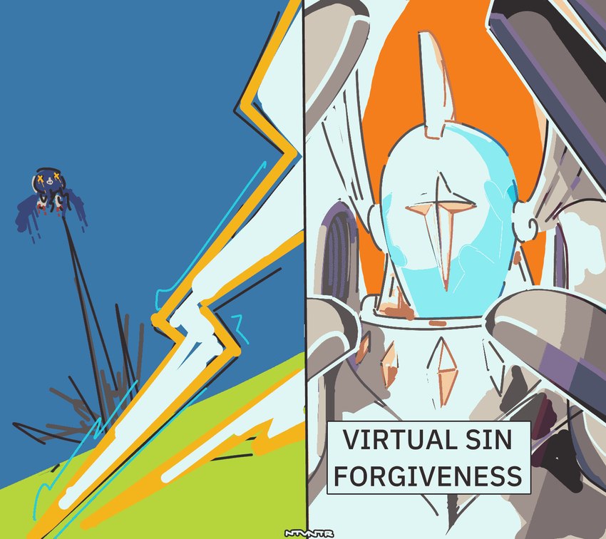 armor black_body black_fur duo feral fur headgear helmet humor lightning_bolt male text notaventura bandai_namco digimon virtual_sin_forgiveness angel demidevimon demon digimon_(species) humanoid seraphimon english_text hi_res meme redraw