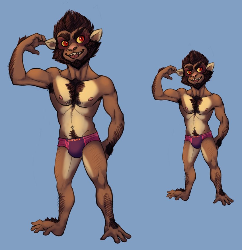 4_fingers 4_toes anthro arm_hair athletic athletic_anthro athletic_male beard belly biceps blue_background body_hair briefs brown_arms brown_beard brown_body brown_face brown_facial_hair brown_feet brown_fingers brown_fur brown_hands brown_inner_ear brown_legs brown_neck brown_pubes brown_toes cheek_tuft chin_tuft clothed clothed_anthro clothed_male clothing deltoids ear_tuft facial_hair facial_tuft feet fingers front_view fur happy head_tuft humanoid_hands male male_anthro navel nipples open_mouth open_smile pecs pink_briefs pink_clothing pink_nipples pink_underwear plantigrade pose pubes purple_briefs purple_clothing purple_underwear raised_hand red_eyes rib_cage sharp_teeth simple_background skimpy smile solo standing star star_symbol symbol tan_belly tan_body tan_chest tan_ears tan_fur tan_legs teeth text text_on_briefs text_on_clothing text_on_underwear toes topless topless_anthro topless_male tuft two_tone_briefs two_tone_legs underwear yellow_sclera bristol haplorhine mammal monkey primate 2016 colored digital_drawing_(artwork) digital_media_(artwork) full-length_portrait hi_res portrait shaded