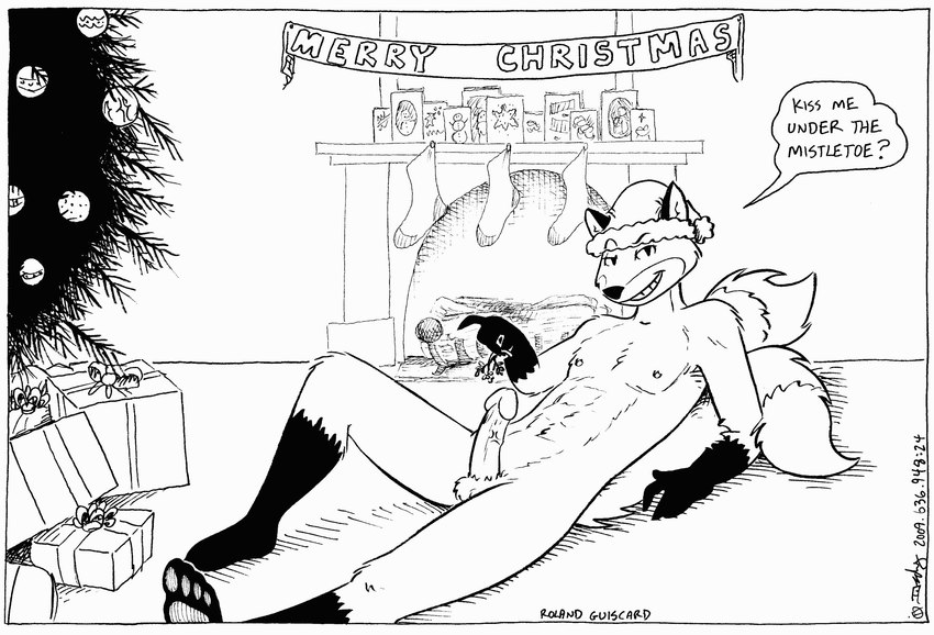 anthro christmas_clothing christmas_headwear clothing erection hat headgear headwear holidays male mistletoe nude plant santa_hat solo text tegerio christmas roland_guiscard canid canine fox mammal english_text hi_res monochrome