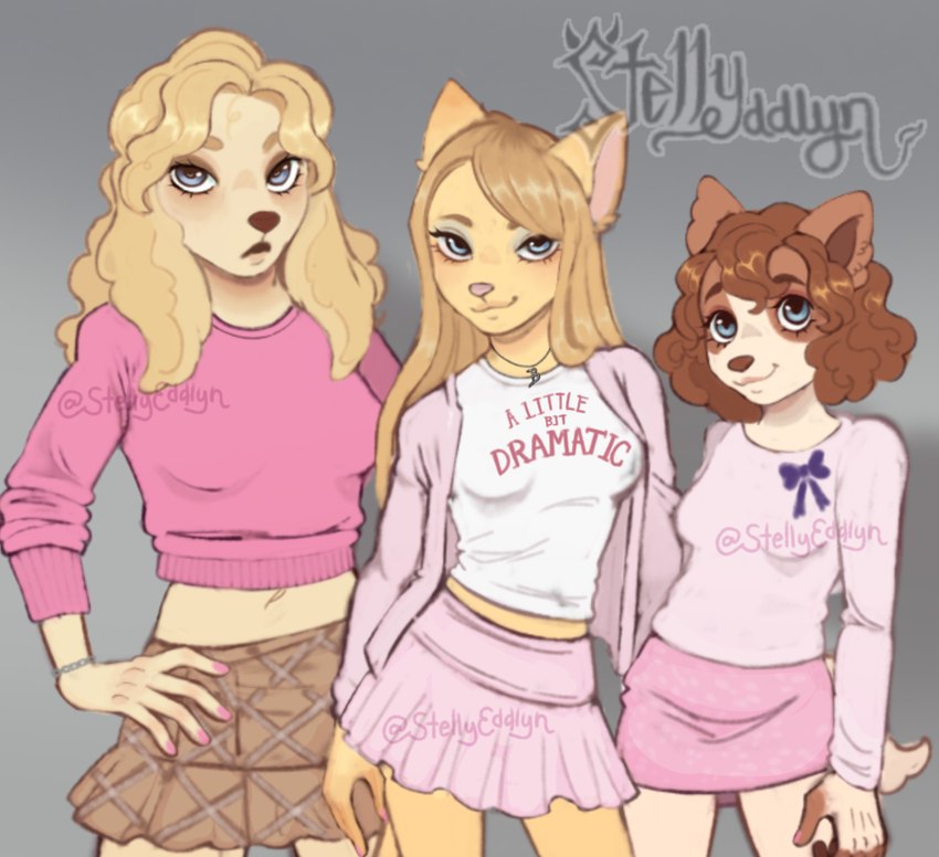 2000s_theme alternate_form anthro anthrofied blonde_hair bottomwear bracelet breasts clothing cosplay crop_top crossover_cosplay female floppy_ears group hair jewelry miniskirt necklace shirt skirt topwear trio y2k_(fashion) stellyeddlyn hasbro littlest_pet_shop littlest_pet_shop:_popular mean_girls alicia_hamilton brooklyn_hayes lps_339 lps_765 lps_91 rachel_rivera american_shorthair bird_dog canid canine canis chihuahua domestic_cat domestic_dog felid feline felis hunting_dog mammal spaniel toy_dog crossover hi_res