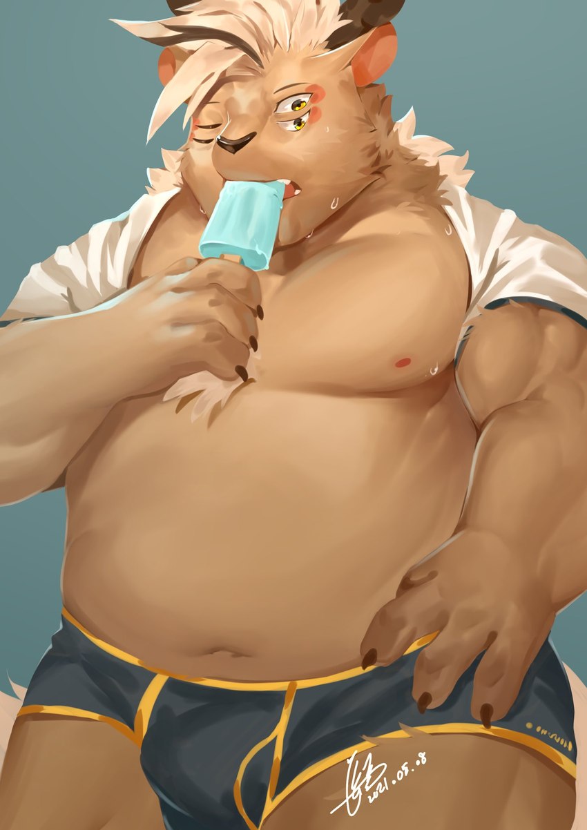 4_eyes anthro belly brown_body brown_fur bulge clothing food fur humanoid_hands kemono male moobs multi_eye nipples overweight overweight_anthro overweight_male popsicle sea_salt_ice_cream solo underwear jmeo1230 mammal 2021 hi_res