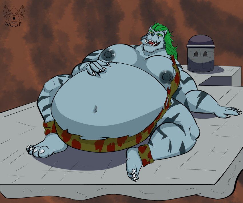 anthro barefoot belly big_belly bloated blue_body blue_fur clothing feet fur green_hair hair hand_on_belly inflation lying male moobs musclegut muscular muscular_male nipples obese obese_male on_back open_mouth overweight overweight_male solo torn_clothing tusks nestle_killa yu_yu_hakusho byakko_(yu_yu_hakusho) demon felid mammal pantherine prehistoric_species saber-toothed_tiger tiger 6:5 absurd_res hi_res