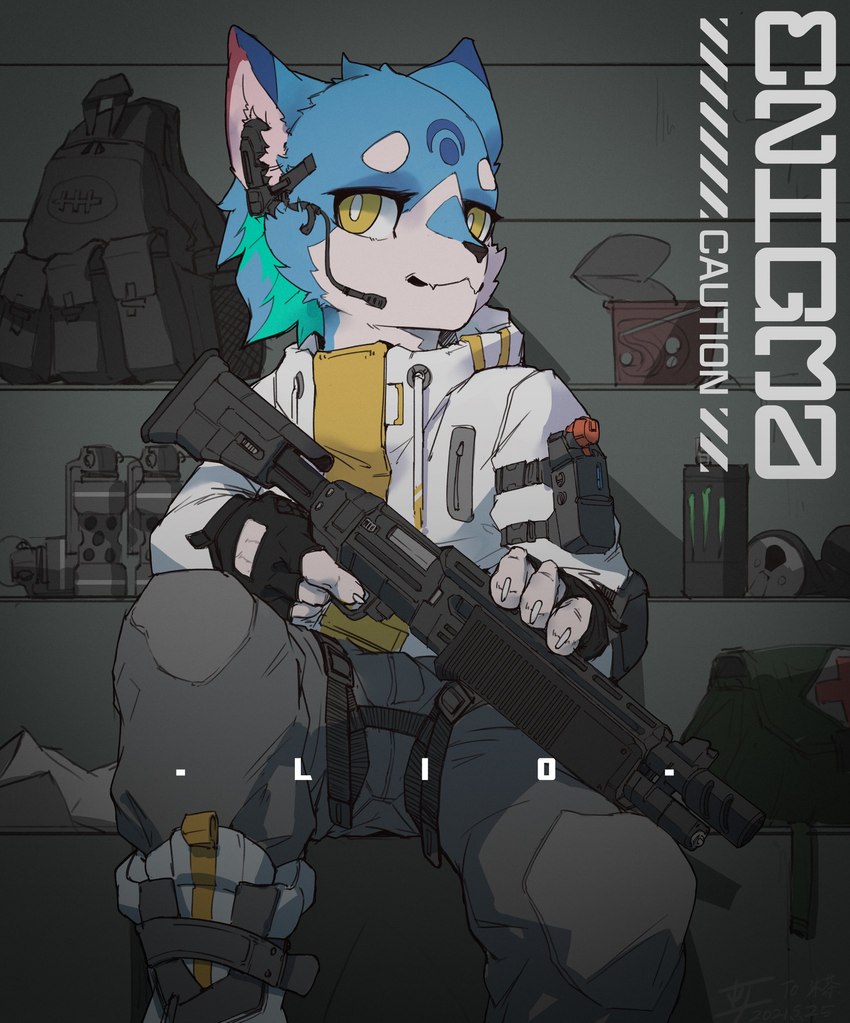 anthro backpack bottomwear clothed clothing electronics explosives fingerless_gloves gloves grenade gun handwear headphones jacket male pants ranged_weapon shotgun sitting solo spas-12 topwear weapon bwydxm canid canine mammal 2021 hi_res