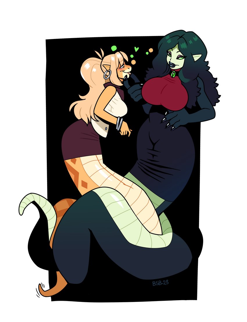 anthro apode big_breasts blonde_hair breasts duo ear_piercing ear_ring female female/female green_hair hair heart_symbol legless piercing ring_piercing serpentine smile blackshirtboy mice_tea sylvia_drake draconcopode naga reptile scalie snake 2023 absurd_res digital_media_(artwork) hi_res trans_(lore)