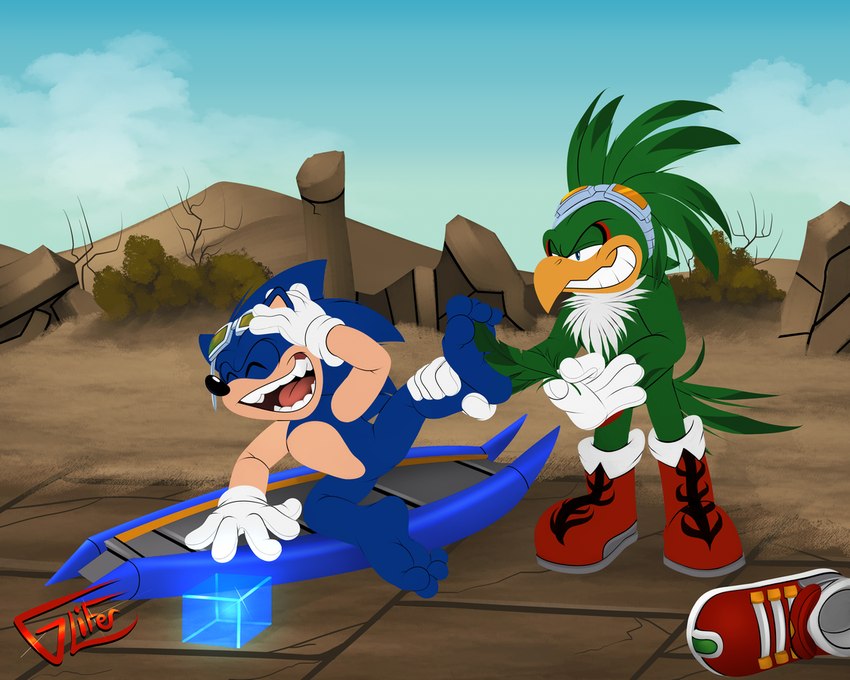 4_toes anthro barefoot duo feathers feet foot_fetish foot_focus foot_play holding_feather laugh male male/male soles tickle_torture tickling tickling_feet toes glifer sega sonic_riders sonic_the_hedgehog_(series) jet_the_hawk sonic_the_hedgehog accipitrid accipitriform avian bird eulipotyphlan hedgehog mammal