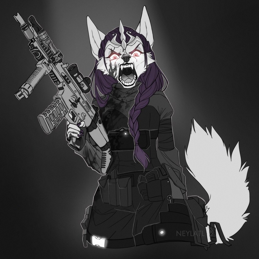 5_fingers angry anthro black_nose braided_hair clothed clothing fingers fur gun hair holding_gun holding_object holding_ranged_weapon holding_weapon looking_at_viewer male open_mouth purple_hair ranged_weapon scar-l teeth tongue weapon white_body white_fur neylatl kai_(blehhello) canid canine canis mammal wolf 1:1 2020 digital_media_(artwork)