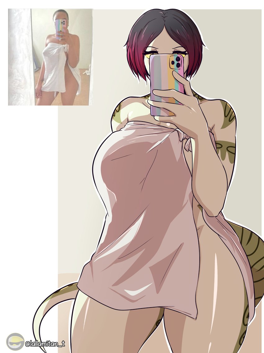 anthro big_breasts breasts clothing female simple_background solo lallamitan_t yuru_(lallamitan_t) anaconda boa_(snake) boinae mammal reptile scalie snake 3:4 absurd_res digital_media_(artwork) hi_res