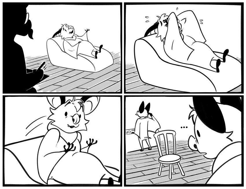 anthro big_ears black_ears border chair comic_panel duo facial_hair furniture gun humor imminent_death imminent_suicide joke male mustache notebook ranged_weapon shocked sofa suicide therapist therapy tired_of_this_shit vent weapon white_border kristalkarma danglebat dan_(danglebat) bat mammal absurd_res comic greyscale hi_res monochrome