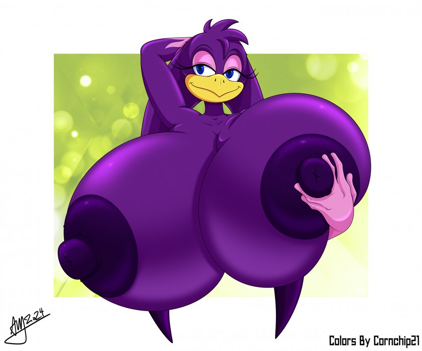 anthro areola beak bedroom_eyes big_breasts blue_eyes breasts eyelashes female gloves_(marking) hand_behind_head hand_on_breast huge_breasts hyper hyper_breasts markings narrowed_eyes nipples non-mammal_breasts non-mammal_nipples purple_areola purple_body purple_nipples seductive smile solo cornchip21 cricket-inc sega sonic_riders sonic_the_hedgehog_(series) wave_the_swallow avian bird hirundinid oscine passerine swallow_(bird) bust_portrait hi_res portrait