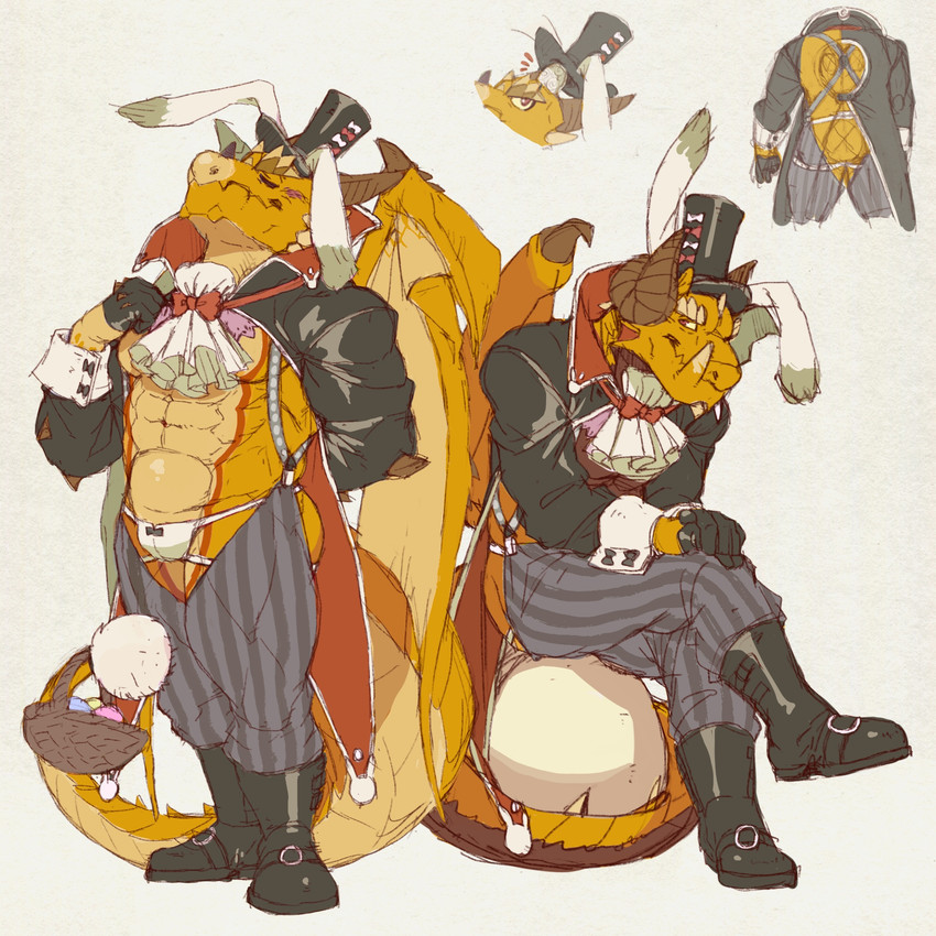 abs anthro bow_tie clothed clothing hat headgear headwear holidays horn male membrane_(anatomy) membranous_wings muscular muscular_anthro muscular_male pecs scales skimpy solo tail thong top_hat underwear wings yellow_body yellow_scales gamma-g easter lifewonders mythology tokyo_afterschool_summoners ophion_(tas) dragon mythological_creature mythological_scalie scalie 1:1 alternate_version_at_source hi_res