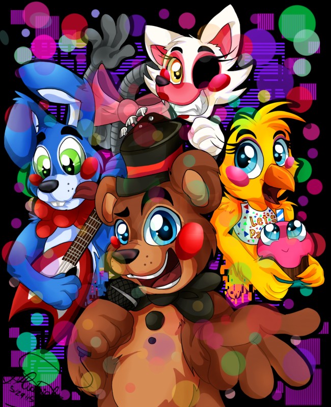 cupcake, mangle, toy bonnie, toy chica, and toy freddy (five nights at freddy's 2 and etc) created by midnightsketches (artist)