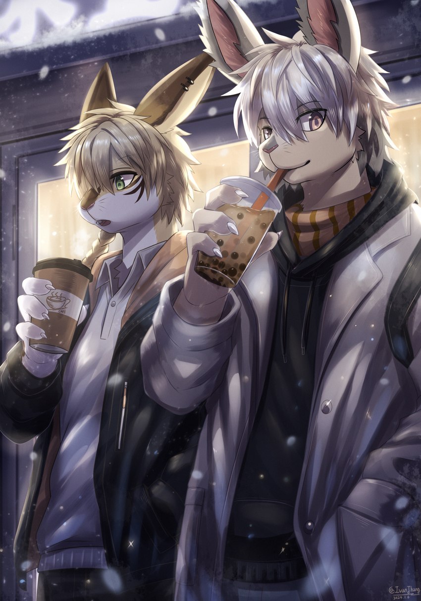 anthro beverage bubble_tea clothing coat coffee container cup detailed_background disposable_cup drinking drinking_straw duo ear_piercing ear_ring hand_in_pocket hoodie looking_at_viewer male piercing pockets ring_piercing shirt snow steam sweater t-shirt topwear ivan-jhang bisuke_(dails) ku_(ivan-jhang) lagomorph leporid mammal rabbit absurd_res hi_res