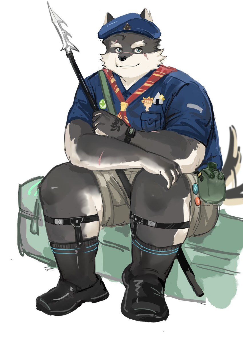 anthro bottomwear clothing facial_scar footwear fur garter_belt garter_belt_socks garter_straps grey_body grey_fur hat headgear headwear male melee_weapon polearm scar scout_uniform shorts sitting slightly_chubby socks solo spear tail tail_motion tailwag weapon popcornduck2 lifewonders tokyo_afterschool_summoners moritaka_(tas) canid canine canis domestic_dog mammal hi_res