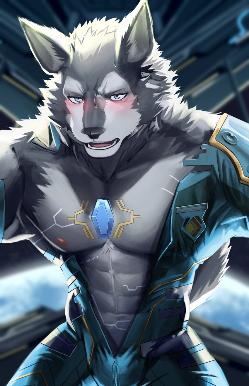 abs anthro blush bodysuit bulge clothing countershading male muscular muscular_anthro muscular_male nipples pecs skinsuit solo tight_clothing tokuni lifewonders tokyo_afterschool_summoners breke_(tas) canid canine canis mammal wolf absurd_res hi_res