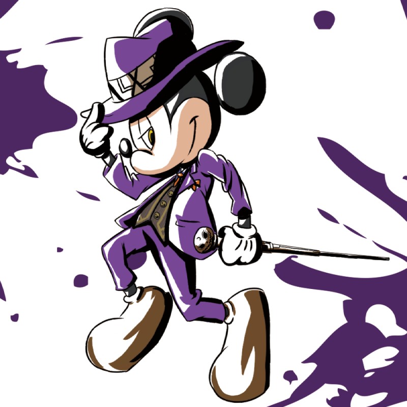 ambiguous_gender anthro biped black_nose cane clothed clothing footwear fully_clothed gloves handwear hat headgear headwear purple_clothing round_ears shoes simple_background smile smirk solo suit white_background white_clothing white_gloves white_handwear yellow_eyes harara disney mickey_mouse house_mouse mammal mouse murid murine rodent 1:1 2014