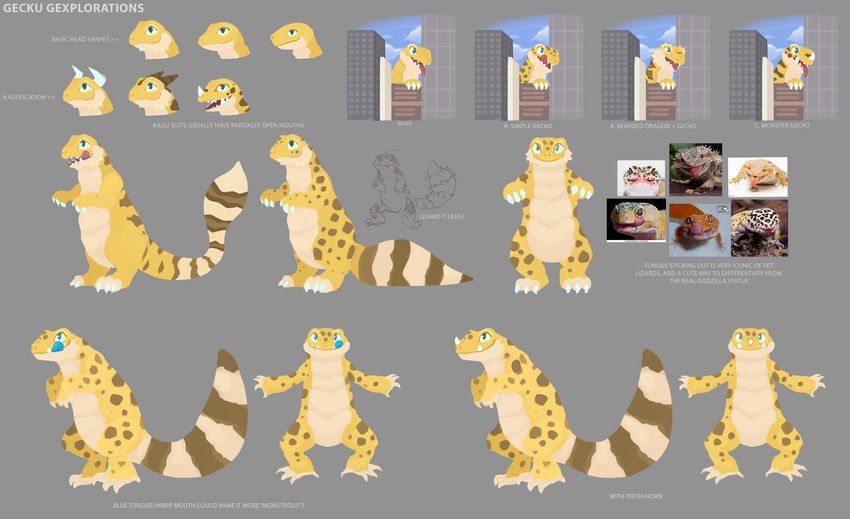 ambiguous_gender blue_tongue city cityscape claws feral horn macro solo text tongue tongue_out xvalociraptor little_kitty_big_city gecku_(lkbc) concept_art english_text hi_res model_sheet official_art photography_(artwork) sketch