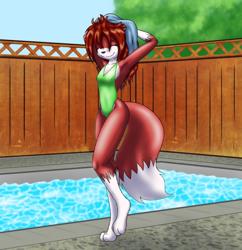 3_toes anthro barefoot belly biped breasts clothed clothing countershading digitigrade dipstick_tail drying drying_hair eyes_closed feet female fence fluffy fluffy_tail front_view fur gloves_(marking) hair hands_behind_head leg_markings long_hair markings multicolored_tail nipple_outline on_one_leg one-piece_swimsuit outside plant red_body red_fur red_hair sky slim small_breasts smile socks_(marking) solo standing swimming_pool swimwear tail tail_markings toes towel tree walking water white_belly white_body white_countershading white_fur terdburgler linda_wright canid canine domestic_cat felid feline felis fox hybrid mammal