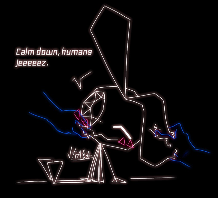 anthro big_eyes black_body black_fur blue_body blush clothed clothing dialogue disembodied_hand dress female fur group long_ears multicolored_line_art one_eye_closed rubbing rubbing_cheek rubbing_ear sitting speech_bubble stick_arms stick_calves stick_legs stick_limbs stick_thighs talking_to_another text thin_calves thin_legs thin_thighs trio white_line_art ikarapopsicle vib-ribbon vibri lagomorph leporid mammal rabbit 2022 colored_line_art digital_media_(artwork) english_text restricted_palette signature