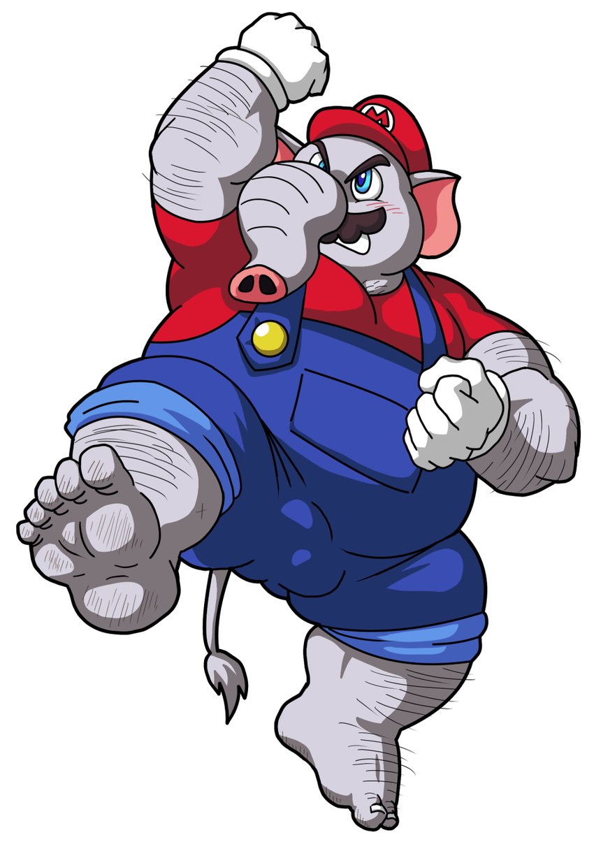 anthro blush bulge clothing detailed_bulge facial_hair feet genital_outline gloves grey_body handwear kemono male musclegut muscular mustache overalls overweight overweight_male penis_outline shirt solo topwear trunk kimagure_monja mario_bros nintendo super_mario_bros_wonder elephant_mario mario elephant elephantid mammal proboscidean 2023 hi_res