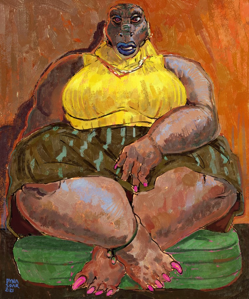 anthro barefoot big_breasts big_feet blue_lipstick breasts brown_body brown_scales brown_skin claws clothed clothing colored_nails crossed_feet dress ear_piercing ear_ring expressionism feet female front_view hand_on_lap inside jewelry lips lipstick looking_at_viewer makeup mouth_partially_open nails necklace overweight pattern_clothing piercing pillow pink_nails ring_piercing scales sitting sleeveless_turtleneck solo striped_clothing stripes thick_calves thick_lips thick_thighs topwear yellow_clothing yellow_topwear dyna_soar dinosaur prehistoric_species reptile scalie saurian_(disambiguation) 5:6 full-length_portrait hi_res painting_(artwork) portrait signature traditional_media_(artwork)