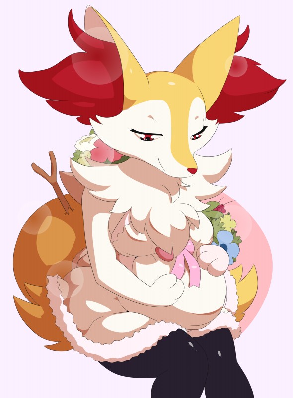 anthro belly big_belly big_breasts breasts clothed clothing female flower front_view happy plant pregnant pregnant_anthro pregnant_female simple_background smile solo juzztie nintendo pokemon drake_lyra fan_character minx_lyra braixen canid canine generation_6_pokemon mammal pokemon_(species) 2018 absurd_res digital_media_(artwork) hi_res