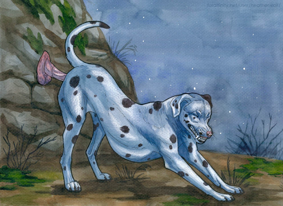 animal_dildo animal_sex_toy bared_teeth dildo equine_dildo eyes_closed facial_spots fangs female feral floppy_ears masturbation obscured_penetration outside penetration rock sex_toy side_view solo spotted_face spotted_legs star teeth text toying_self vaginal vaginal_masturbation vaginal_penetration whiskers white_body heatherwolf dottipink canid canine canis domestic_dog mammal hi_res url