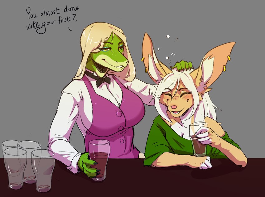 alcohol anthro beer beverage big_breasts blush breasts clothed clothing duo female freckles fur hair headpat non-mammal_breasts open_mouth piercing platinum_blonde simple_background smile white_hair yellow_eyes beezlebumawoken conditional_dnp felicia_philippa_roberts rose_dandy-ba anole canid canine fennec_fox fox hybrid iguana iguanid lizard mammal reptile scalie true_fox digital_media_(artwork)