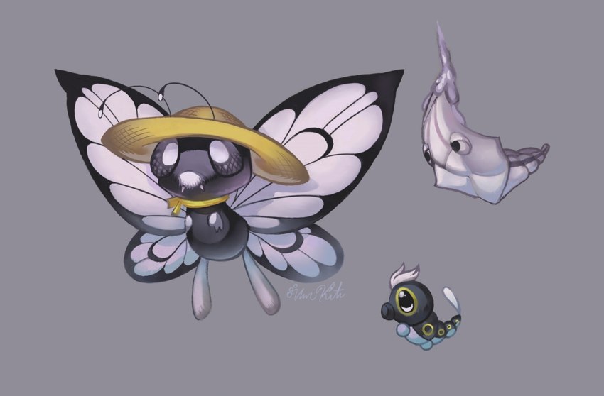 alternate_color antennae_(anatomy) black_eyes clothing flying front_view grey_background group hair hat headgear headwear male side_view simple_background text trio wearing_hat wings umikit nintendo pokemon benedict_(aots) arthropod butterfree caterpie generation_1_pokemon metapod pokemon_(species) 2016 artist_name digital_media_(artwork) english_text male_(lore)