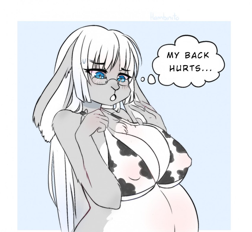 animal_print anthro bangs belly big_belly big_breasts blue_eyes breasts cow_print eyewear female fur glasses grey_body grey_fur hair inner_monologue long_ears mature_female nipple_outline nipples pink_nipples pregnant pregnant_anthro pregnant_female solo tenderness text thinking thought_bubble white_body white_fur white_hair hambinito alexis_watterson_(rubythepinkdragon) lagomorph leporid mammal rabbit english_text half-length_portrait portrait