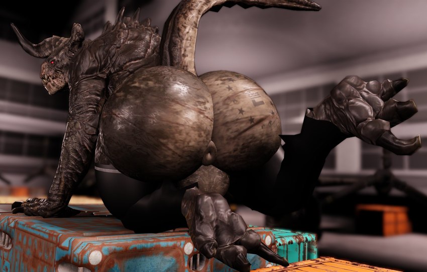 3_toes anus backsack balls big_balls big_butt blurred_background brown_body butt butt_tattoo claws clothing container feet feral genitals glowing glowing_eyes horn huge_butt inside legwear male red_eyes scar solo spikes spikes_(anatomy) tail tattoo toes willie_piv enclave_(fallout) fallout microsoft deathclaw scalie 3d_(artwork) digital_media_(artwork) hi_res