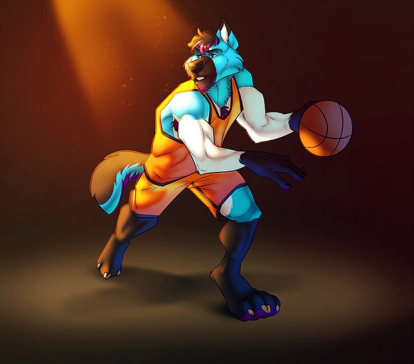 4_toes anthro ball basketball basketball_(ball) biped black_body black_claws black_ears black_eyebrows black_fur black_hair black_tail blue_body blue_ears blue_fur blue_tail cheek_tuft claws dipstick_ears ear_markings eyebrows facial_tuft feet front_view fur gloves_(marking) hair holding_baseball leg_markings looking_aside male markings multicolored_ears multicolored_hair muscular muscular_anthro muscular_male neck_tuft pawpads pink_eyes pink_hair pink_pawpads purple_body purple_fur purple_tail shadow short_hair socks_(marking) solo tail toes tuft two_tone_ears two_tone_hair white_body white_fur white_inner_ear ninetht canid canine canis domestic_dog fox german_shepherd herding_dog hybrid mammal pastoral_dog digital_media_(artwork) shaded