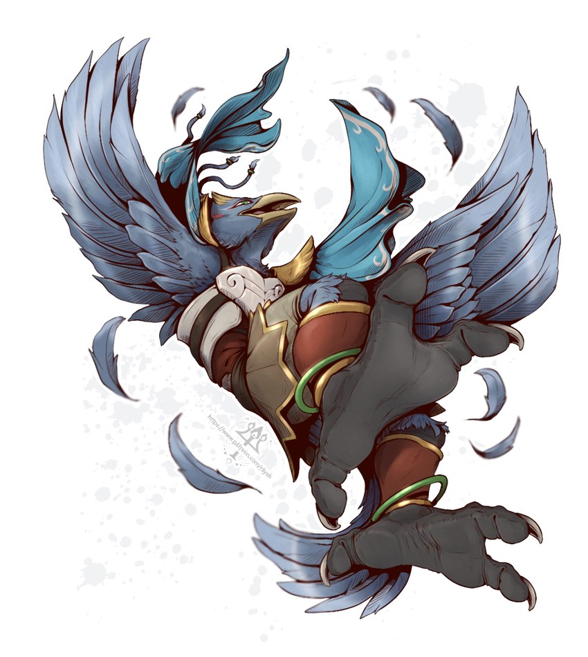 3_toes anthro armor avian_feet beak black_feet blue_body claws clothed clothing feathers feet flying foot_focus jewelry male scuted_legs scutes simple_background smile soles solo spread_wings talons toe_claws toes white_background wings wrinkles y-dactyl kredri breath_of_the_wild nintendo the_legend_of_zelda revali avian rito