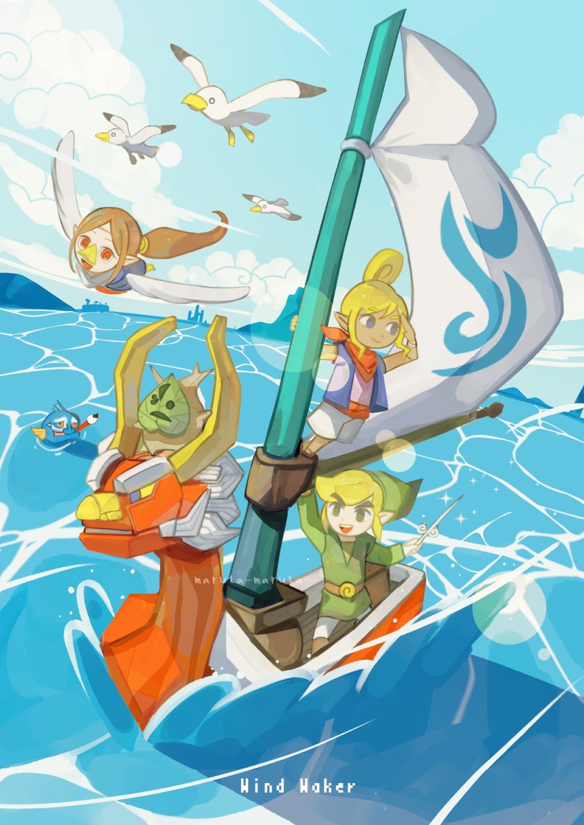 boat clothing cloud day detailed_background female group humanoid_pointy_ears male pointy_ears sea shirt text topwear tunic vehicle water watercraft maruta_maruta nintendo the_legend_of_zelda wind_waker fishman_(wind_waker) king_of_red_lions makar medli pirate_leader_tetra toon_link animal_humanoid avian avian_humanoid bird fish gull humanoid hylian korok lari larid marine rito rito_humanoid english_text hi_res