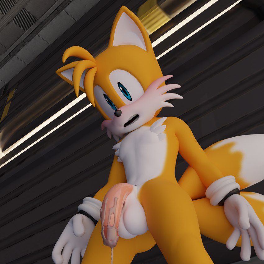 after_masturbation anthro balls blush bodily_fluids cum cum_on_penis genital_fluids genitals low-angle_view male penis solo standing twintails3d sega sonic_the_hedgehog_(series) miles_prower canid canine fox mammal 1:1 3d_(artwork) digital_media_(artwork) hi_res