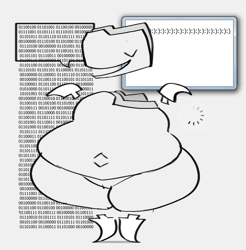 ambiguous_gender belly big_belly binary_code cursor emoticon featureless_crotch floating_hands folder front_view loading not_furry simple_background smile smiley_face solo speech_bubble standing text text_box thick_thighs white_body wide_hips smokey_blokey digital_creature humanoid