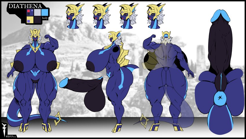 anthro anus big_breasts big_penis blue_body breasts dark_nipples genitals herm huge_breasts huge_penis hyper hyper_breasts hyper_genitalia hyper_penis intersex muscular penis pussy scar solo warrior curiousgarchomp dnp101 nintendo pokemon dialga generation_4_pokemon legendary_pokemon pokemon_(species) hi_res model_sheet