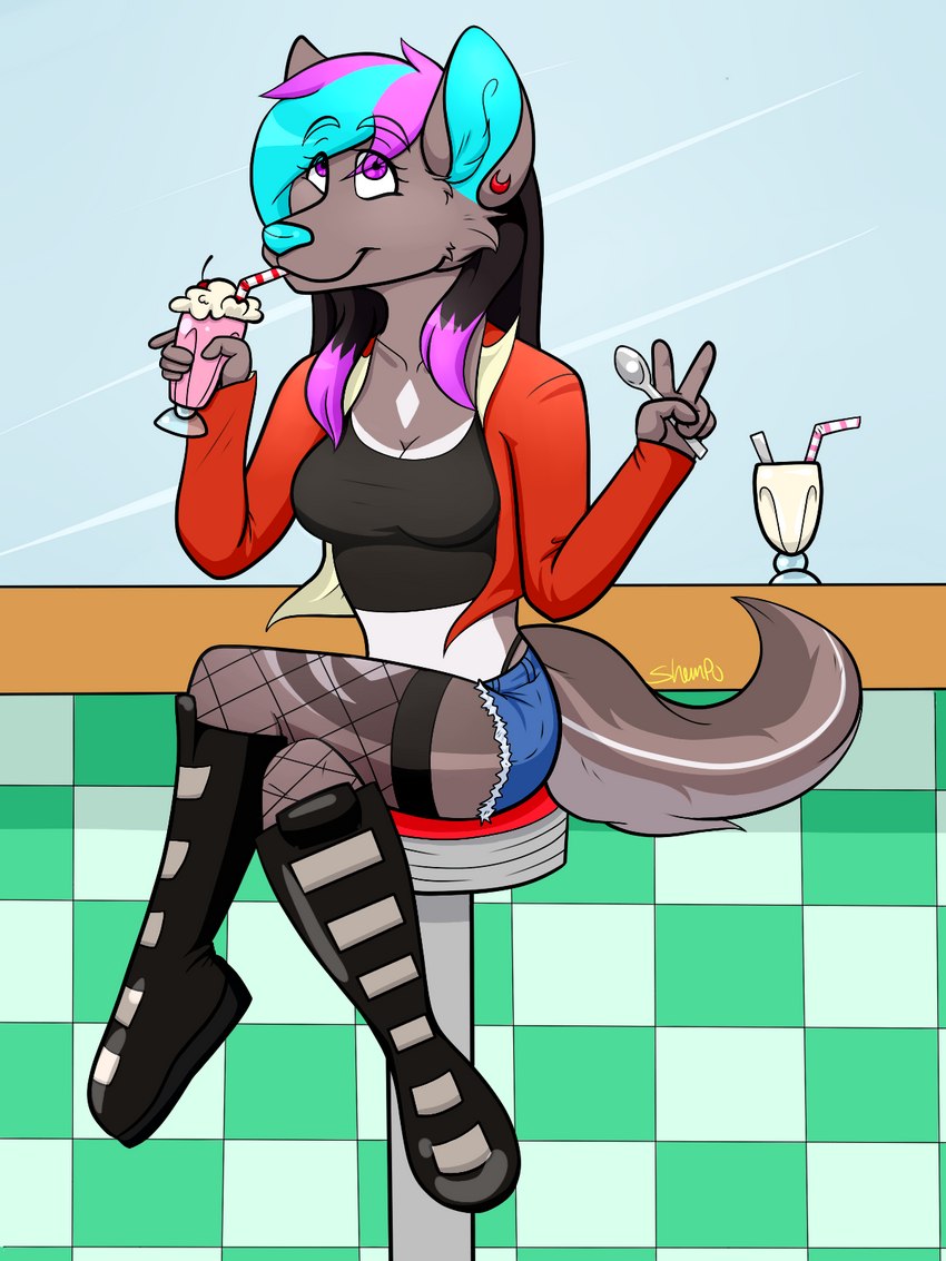 anthro beverage boots bottomwear cafe chair clothing drinking ear_piercing female fishnet_clothing fishnet_leggings fishnet_legwear footwear furniture leggings legwear looking_at_viewer milkshake on_chair piercing shoes shorts sitting sitting_on_chair smile smiling_at_viewer solo thong_straps shempu_(artist) sonja_wusky canid canine canis hybrid mammal wolfdog 3:4 hi_res