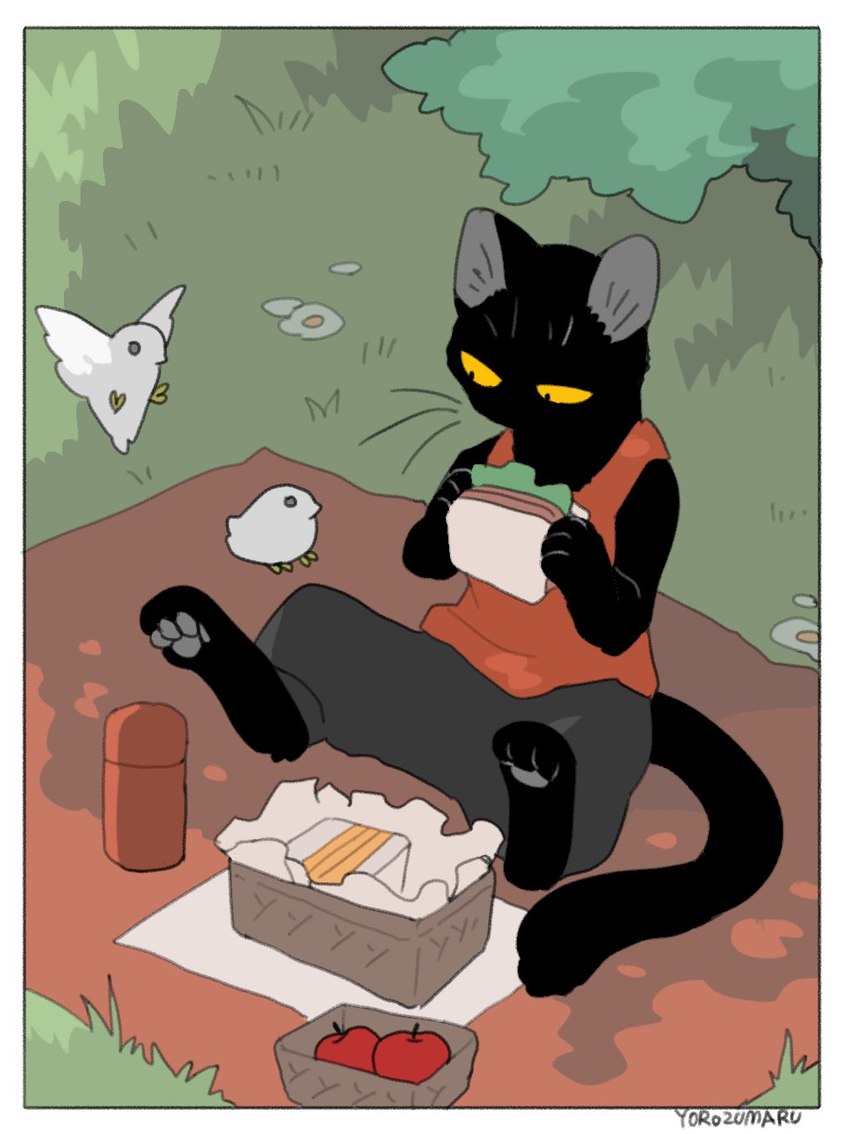 ambiguous_gender anthro apple black_body clothed clothing feral food fruit grass group pawpads picnic plant sandwich_(food) tail trio whiskers yellow_eyes yorozumaru urushi_(yorozumaru) avian bird domestic_cat felid feline felis mammal 2022 hi_res