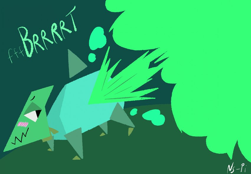 ambiguous_gender bashful blush butt fart fart_cloud fart_fetish gas geometric green_background green_body half-closed_eyes narrowed_eyes rear_view simple_background smile solo sound_effects ns-pi garn47 drilly_(garn47) drill_dragon hi_res signature