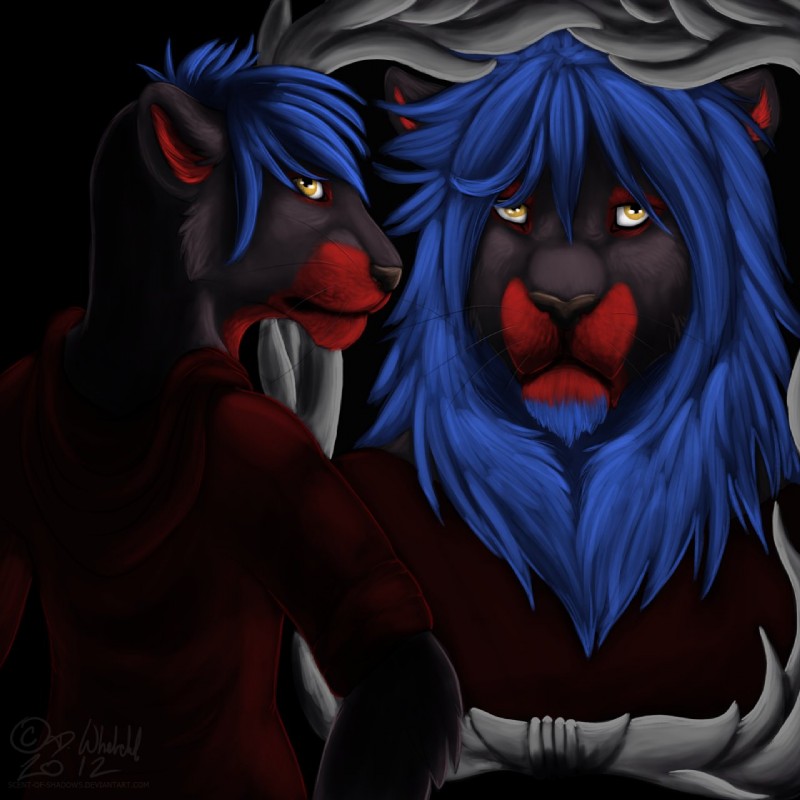 altered_reflection anthro black_body black_fur female fur magic male mane mirror reflection solo tomboy visibly_trans runicnature felid lion mammal pantherine 1:1 2012 digital_media_(artwork) half-length_portrait hi_res portrait