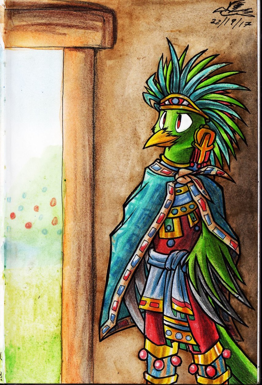 anthro aztec aztec_clothing beak cape clothed clothing ear_piercing ear_ring feathered_headdress feathers green_body green_feathers headdress inside jewelry male ornate_clothing piercing red_eyes ring_piercing royalty smile solo wings katnay ambiguous_species avian bird 2020 hi_res