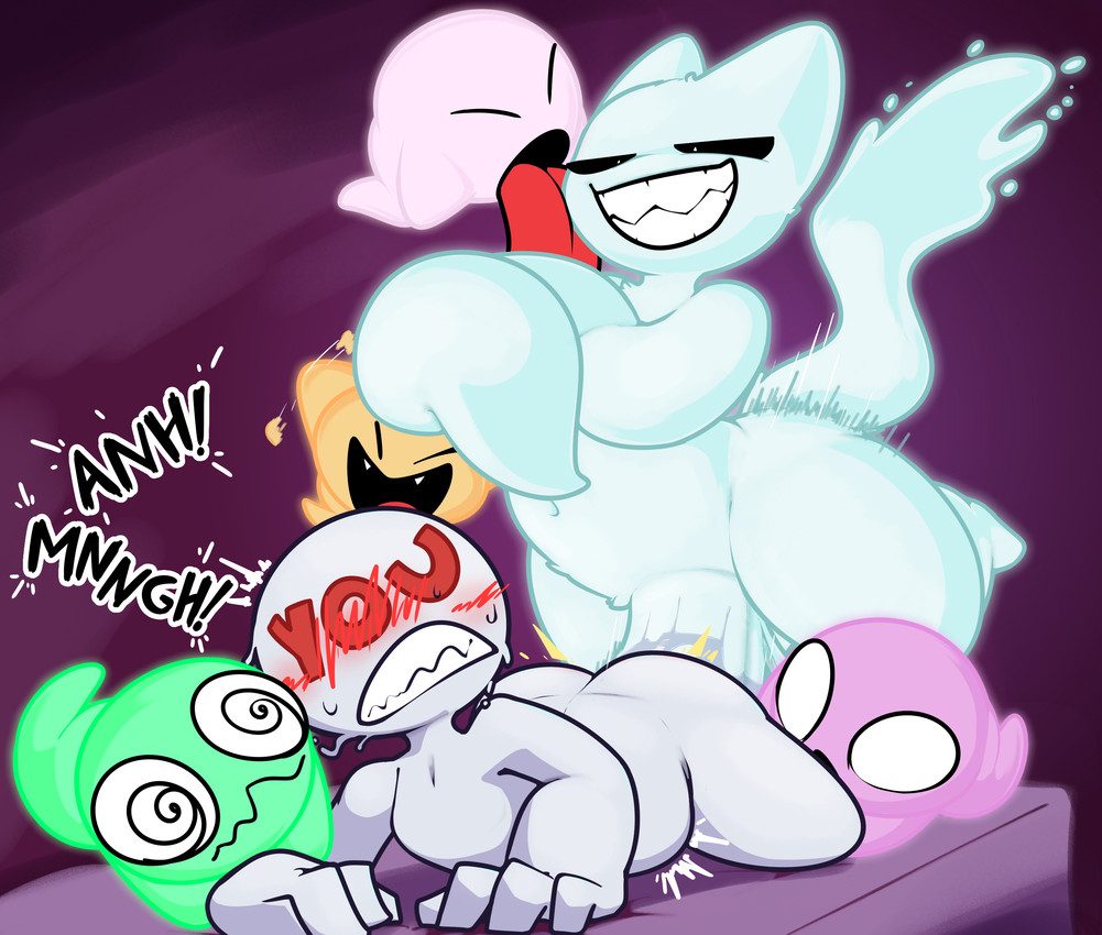 abdominal_bulge abstract_background ambiguous_gender ambiguous_penetration anthro being_held blush blush_lines bodily_fluids floating from_behind_position genitals glowing group hyper hyper_genitalia licking male penetration penis pinned sex text tongue rabblet edo_(rabblet) domestic_cat felid feline felis ghost humanoid mammal spirit hi_res