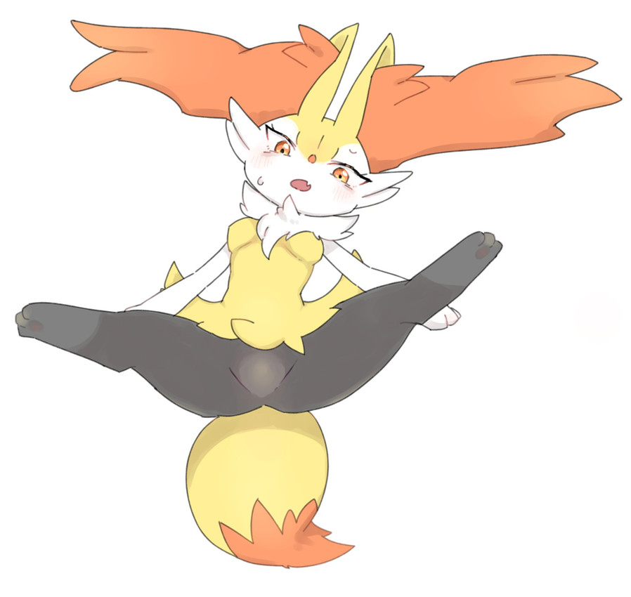 anthro black_legs blush blush_lines bodily_fluids breasts digitigrade dipstick_tail featureless_breasts featureless_crotch female fluffy fluffy_tail fur inner_ear_fluff lying markings neck_tuft null on_back open_mouth orange_eyes orange_inner_ear_fluff orange_tail_tip simple_background solo spread_legs spreading sweat sweatdrop tail tail_markings tuft white_background white_hands yellow_body yellow_fur yellow_tail yakiniku628 nintendo pokemon braixen generation_6_pokemon pokemon_(species) colored hi_res