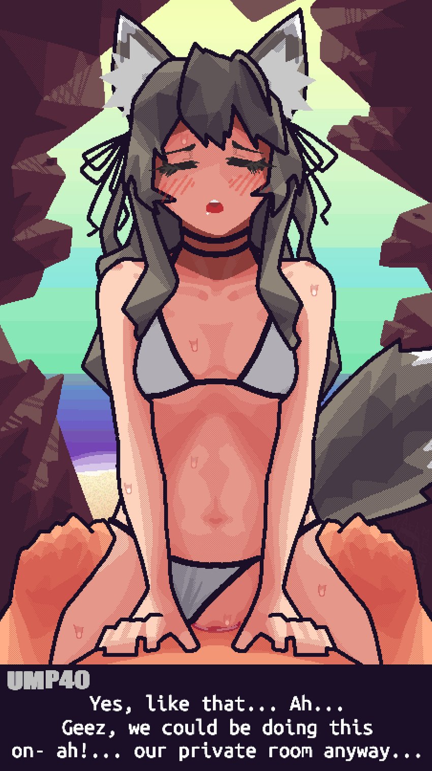 beach bikini bikini_aside bodily_fluids breasts clothing clothing_aside cowgirl_position duo eyes_closed female female_penetrated first_person_view from_front_position genitals grey_ears grey_hair grey_tail hair humanoid_penetrated inner_ear_fluff long_hair male male/female male_penetrating male_penetrating_female on_bottom on_top open_mouth outside penetration penile penile_penetration penis_in_pussy sea seaside sex sky straddling sweat swimwear swimwear_aside tail text thigh_gap tuft two-piece_swimsuit vaginal vaginal_penetration water wolf_ears wolf_tail karamel_flan girls_frontline ump40_(girls_frontline) animal_humanoid canid canid_humanoid canine canine_humanoid humanoid mammal mammal_humanoid wolf_humanoid english_text hi_res