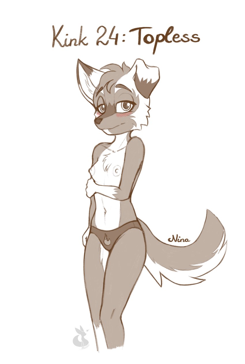 anthro blush breasts clothed clothing female flat_chested fur hair navel nipples panties shy simple_background small_breasts smile solo tail topless underwear mancoin kinktober nina_(zephyr_lyall) canid canine canis domestic_dog mammal digital_media_(artwork) hi_res