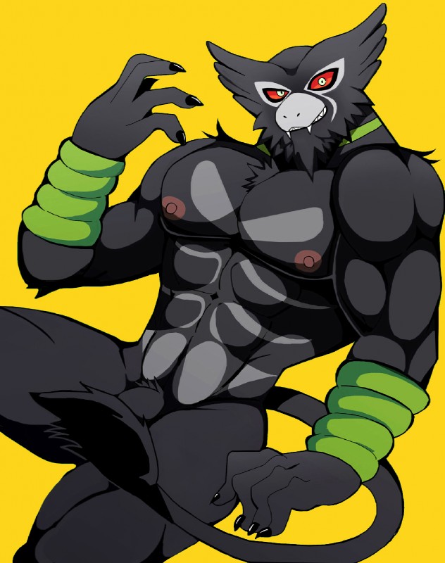 5_fingers abs anthro anthrofied areola barely_visible_genitalia barely_visible_penis biceps biped black_body black_claws black_fur black_penis black_tail cheek_tuft chest_tuft chin_tuft claws convenient_censorship evil_grin eye_markings facial_markings facial_tuft fangs fingers flaccid fur fur_tuft genitals green_body green_markings grey_body grey_fur head_markings looking_at_viewer male markings mask_(marking) multicolored_body multicolored_fur muscular muscular_anthro muscular_male muscular_thighs muzzle_(marking) navel neck_markings nipples nude pecs penis penis_base pink_areola pink_nipples pokemorph pose pubes red_sclera sharp_teeth simple_background smile snout snout_markings solo tail tail_censorship tail_tuft tear_(marking) teeth tuft two_tone_body two_tone_fur white_body white_eyes white_fur white_markings yellow_background bearlovestiger13 game_freak nintendo pokemon generation_8_pokemon legendary_pokemon mammal pokemon_(species) primate zarude 2020 censored colored digital_drawing_(artwork) digital_media_(artwork) hi_res portrait three-quarter_portrait