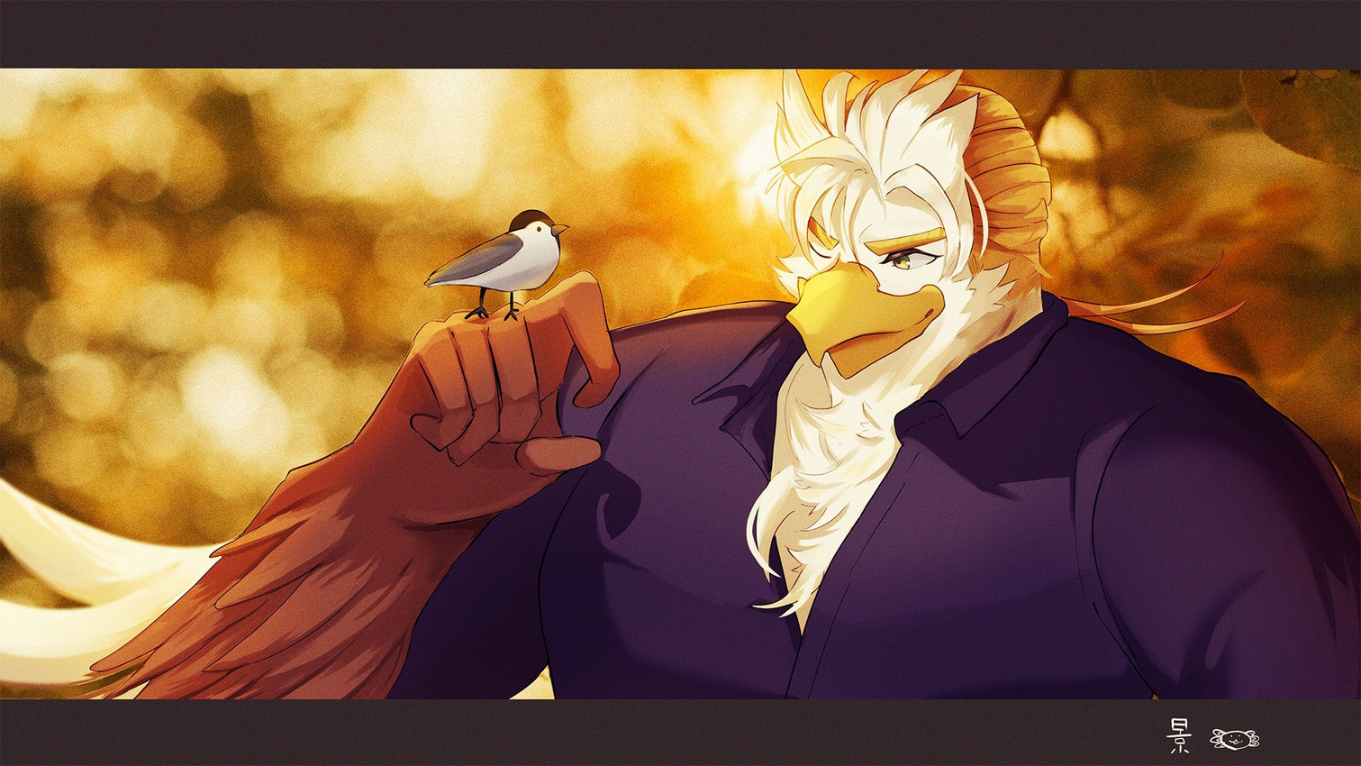 anthro blonde_hair clothing collared_shirt feral hair male raised_arm shirt solo topwear k_mofu2 lifewonders tokyo_afterschool_summoners thunderbird_(tas) 16:9 hi_res widescreen