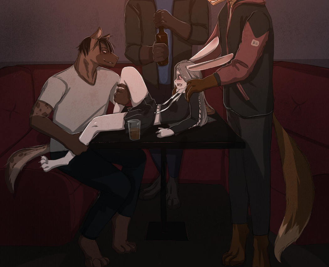 alcohol anthro beer beverage blush bodily_fluids clothed clothing container cup drunk female food forced fur glass glass_container glass_cup group hair imminent_rape imminent_sex male male/female open_mouth public public_nudity smile substance_intoxication tail tears topwear white_body white_fur yourumi kais_(yourumi) mieri_(yourumi) canid canine fox hyena lagomorph leporid mammal rabbit spotted_hyena digital_media_(artwork)